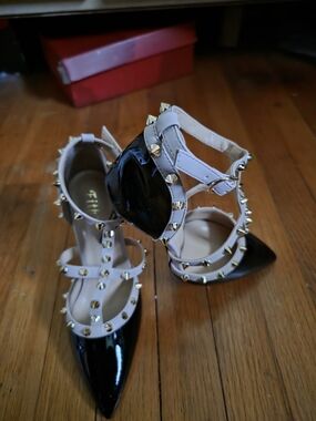 Black Patent Pointed-Toe Studded Strappy Heels in Cream Straps
